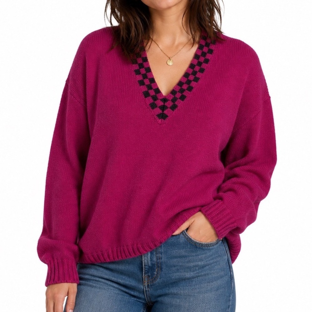 Vintage‎ 90's SK Wear Sweater Fuchsia Pink Checkered V-Neck Small